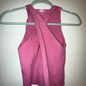 Pink Ribbed Cross-Back Top